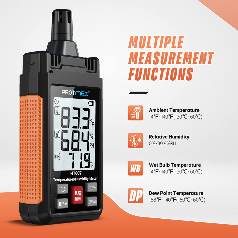 HT607 Temperature Humidity Meter High Precision Digital Hygrometer with Ambient, Relative Humidity, Dew Point, Wet Bulb Thermometer, Min/Max Hold, LCD Backlight with Cover Protector - NewNest Australia