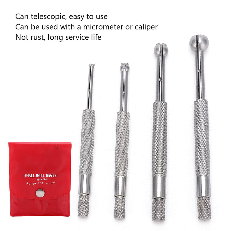 4Pcs Small Hole Gauges Set, 3-13mm Full Ball Bore Gauges, Steel Full Ball Telescopic Gauges with Packing Bag, Ball Type Small Telescopic Gage for Measuring Hole Slit