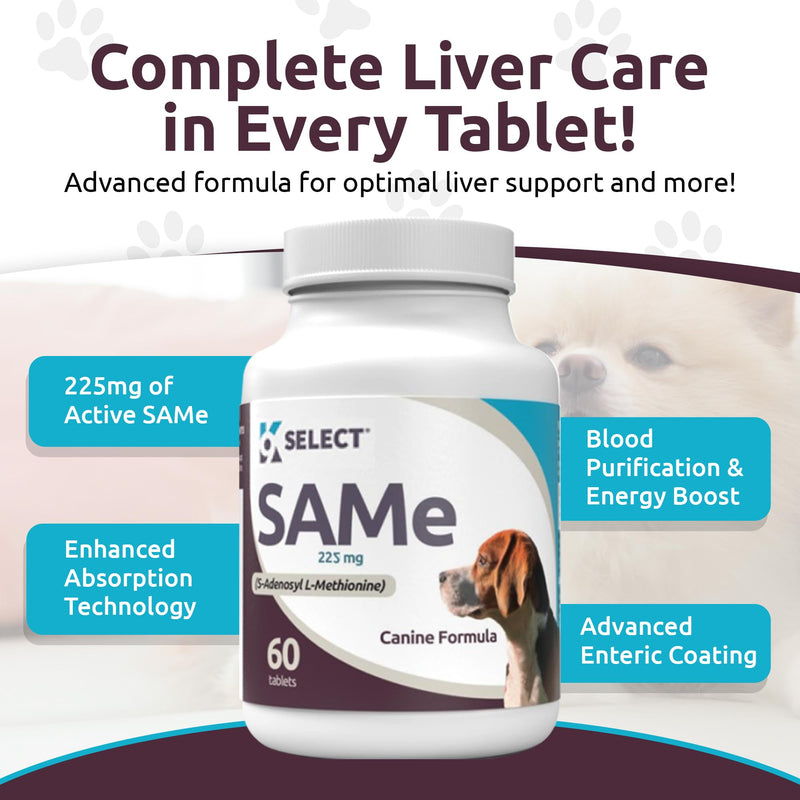 K9 Select SAM-e for Dogs: 225mg, 60 Tablets Active S-Adenosyl-L-Methionine Liver Supplement - Cognitive and Joint Health Nutrition for Medium and Large Dogs - Same Dog Liver Nutritional Supplement - PawsPlanet Australia