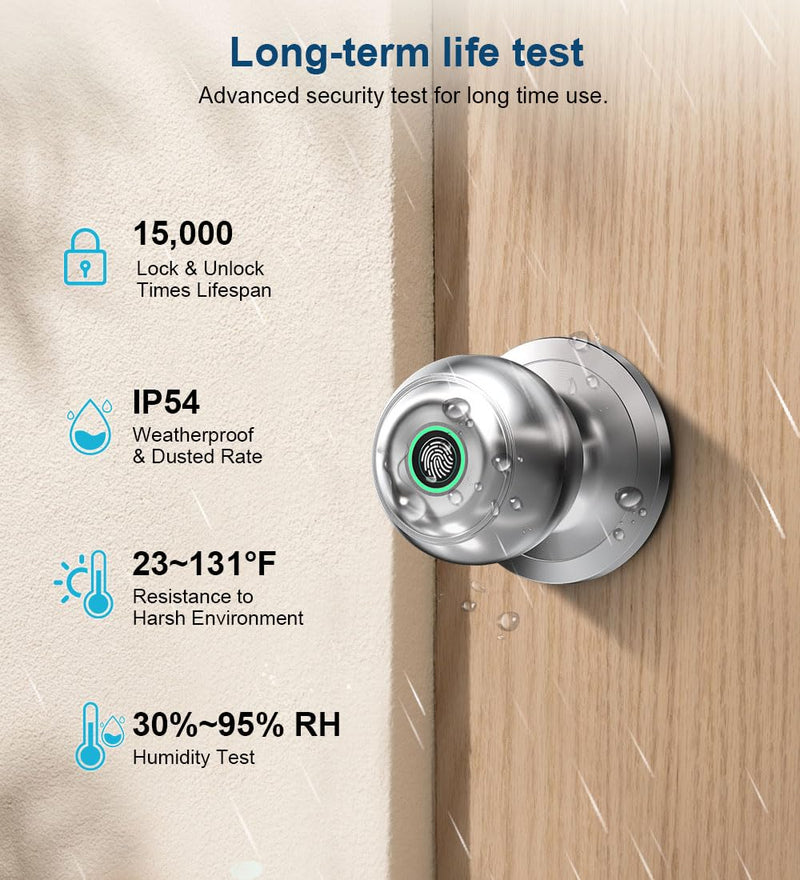 Smart Fingerprint Door Knob with App Control & Key, Keyless Thumbprint Entry for Bedroom, Home, Apartment, Office - Satin Nickel