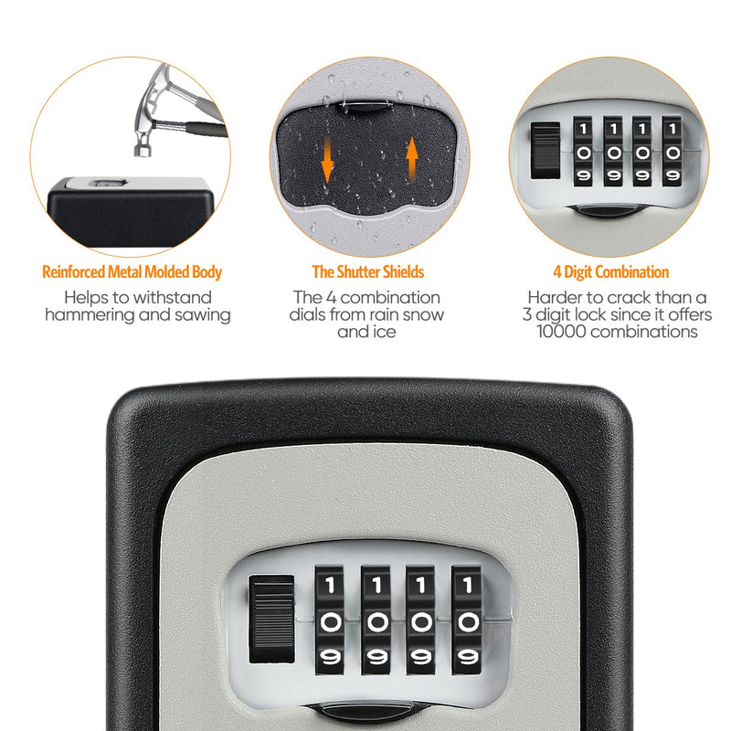 Key Lock Box Wall Mounted, Fayleeko 4 Digit Combination Lockbox for Outside, House Keys - 5 Keys Capacity, Key Safe Security Storage Lock Box for Indoor, Outdoor, Garage, Garden, Store (Grey, 1Pack) Grey 1