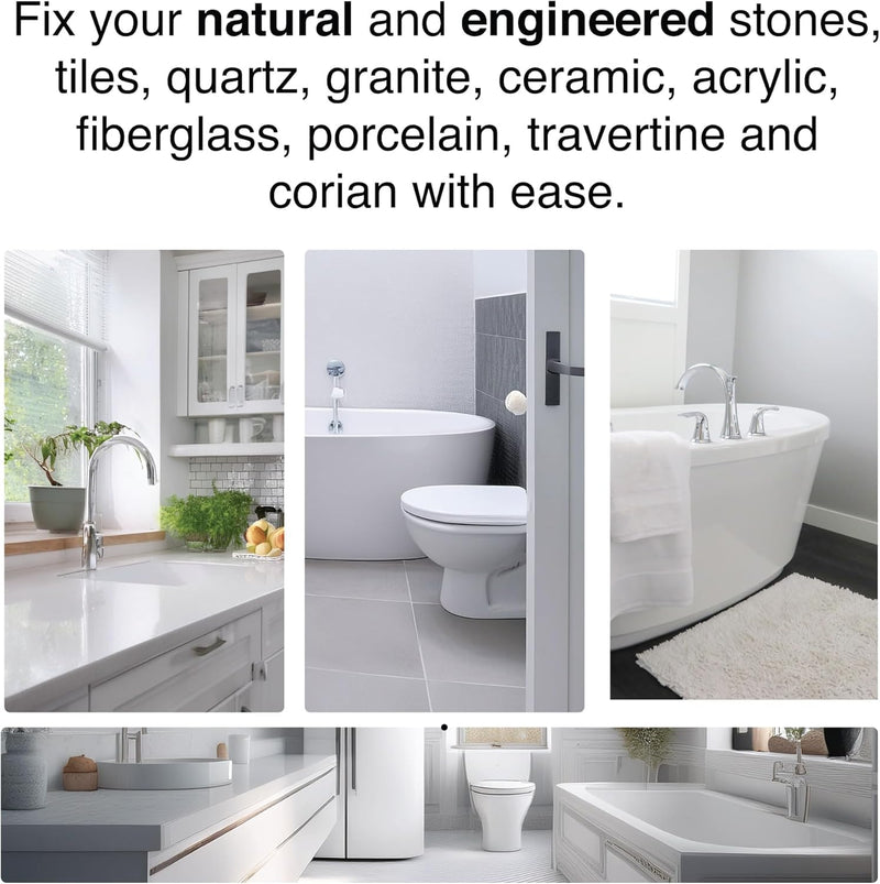 Quartz Countertop Repair Kit DIY (Clear Color + Polisher) - Made by Engineers I Also for Granite, Acrylic, Fiberglass, Porcelain, Tile & Ceramic Surfaces I Easy Process & Quick Result