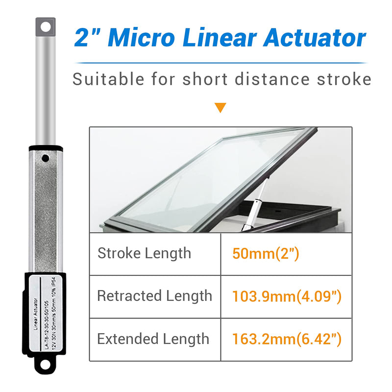 Electric Micro Linear Actuator 12V - 2" Stroke, 64N/14.4lb, Speed 0.6inch/s Mini Waterproof Motion Actuator Small 12 V DC, w/Mounting Brackets, for Fan Blades, Cabinets, Window Opener, Robotics, Table 2"
