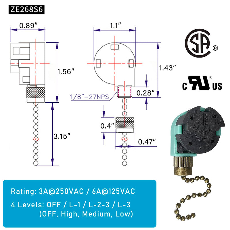 YukiHalu Ceiling Fan Pull Chain Switch 3 Speed 4 Wire, Ceiling Fan Capacitor CBB61 4.5uf + 6uf + 5uf 5 Wire 250V, Light Switch for Fan and Light (Antique) Antique, 4.5+6+5uF