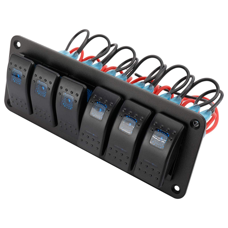 Amarine Made 12-24V Boat Switch Panel Illuminated Rocker Switch Aluminum Pre-Wired Panel 6 Gang Toggle Switches Dash 5 Pin ON/Off 2 LED Backlit for Bus Boat Car Marine Blue LED IP65 (6 Gang)
