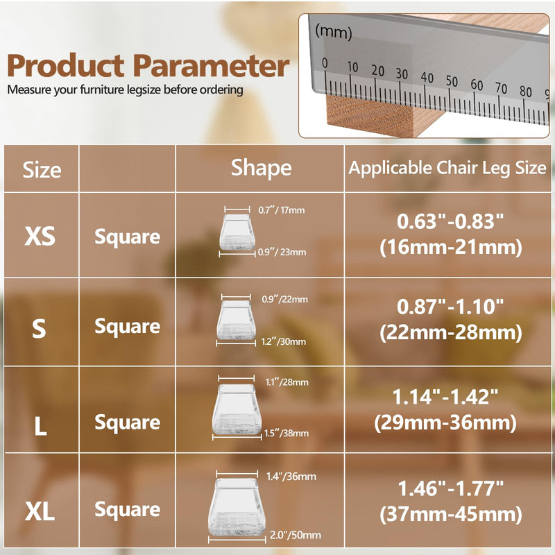 28Pcs Square Chair Leg Floor Protectors with Wrapped Felt Bottom, Silicone Chair Leg Protectors for Hardwood Floors, Chair Legs Cover Prevents Scratches & Reduce Noise (Clear S Fit 0.87"-1.10") Clear Small