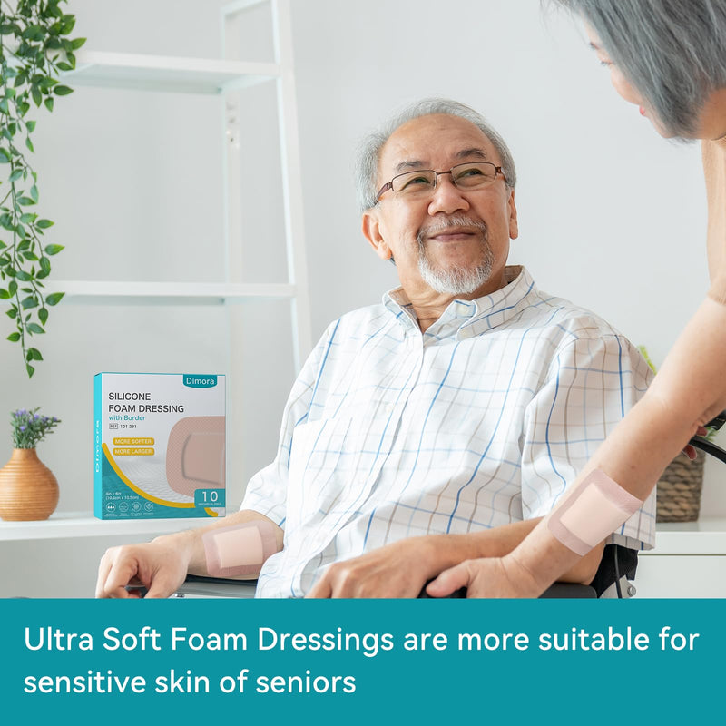 Dimora Ultra Soft Silicone Foam Dressing 4"x4" (10 Pack)- Upgraded Absorbency Wound Dressing with Widened Border, Adhesive Foam Bandages for Bed Sores, Burn, Ulcer, Surgical Wound, FSA/HSA Eligible 4x4 Inch