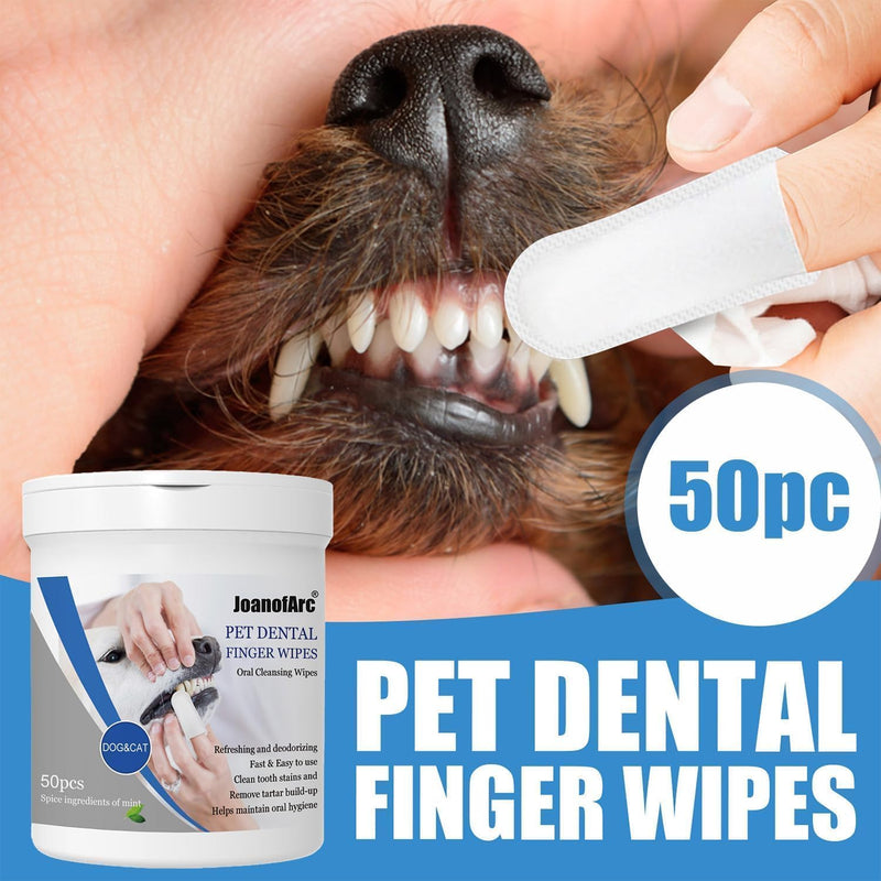 Dog Dental Finger Wipes for Teeth Cleaning Plaque Off, Dental Care for Dogs & Cats, Stain & Tartar Remover for Teeth, Finger Toothbrush Wipes, Fresh Breath & Gum Care with Zinc + Green Tea - 50pc