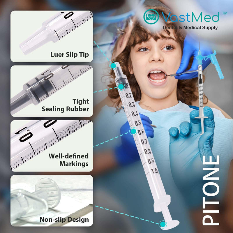 100PCs Dental Grade 1ml Without Needle Disposable Luer Slip Tip Sterile Size by VASTMED | Individually Sealed for Industrial, Scientific, Measuring 1 ML (100 PCs)
