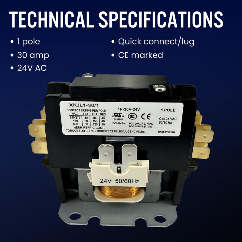 Motor Contactor - Air Conditioner Contactor 1P 30A - Single Pole Contactor 24V Coil for HVAC Motor Replacement & Heat Pump Systems 10CM 1P-30A-24V
