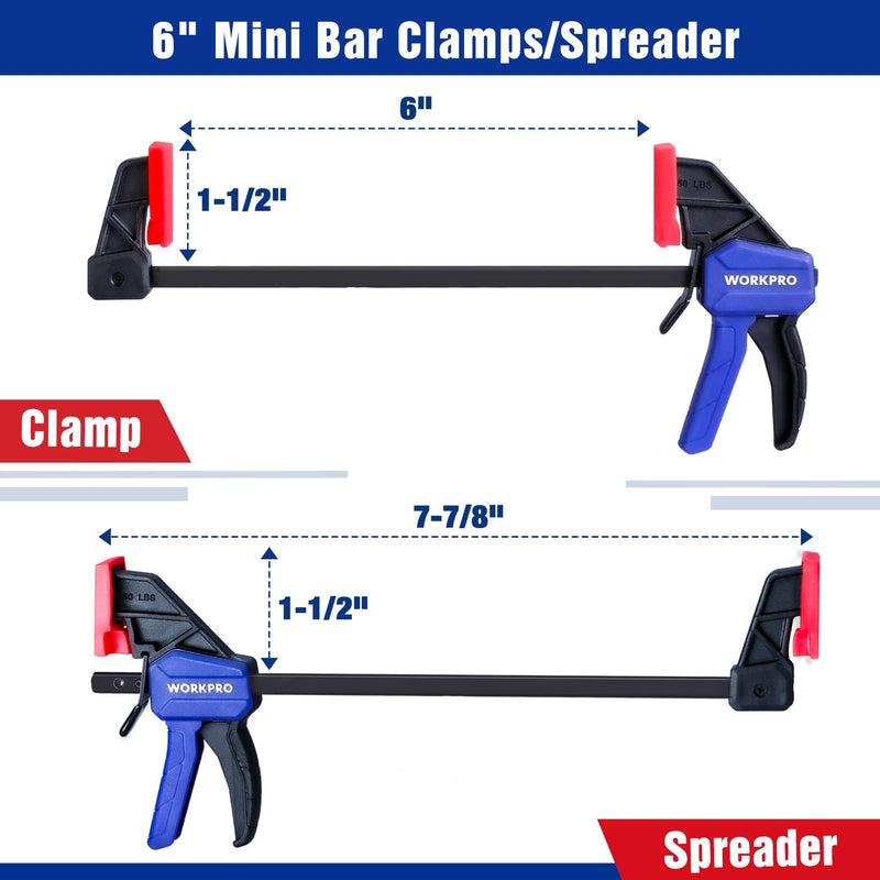WORKPRO 6" Mini Bar Clamps for Woodworking, One-Handed Clamp/Spreader, Light-Duty Screw-Change F Clamp with 50lbs Load Limit, 2PC 2