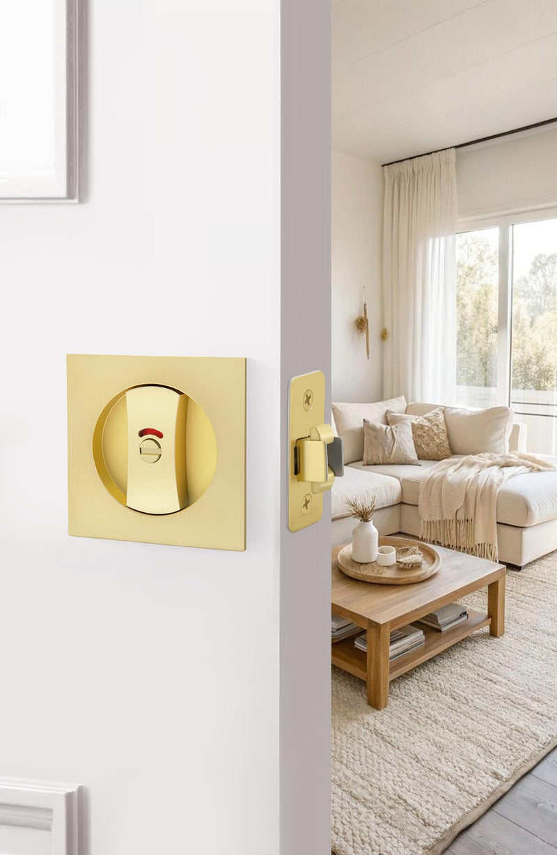 goldenwarm Brushed Gold Square Pocket Door Lock with Indicator, Pocket Door Hardware for 2-1/8'' Round Bore Hole, Pocket Door Handles Fit 1-1/4'' to 2'' Thickness Sliding Door 2-3/8'' Latch 1 Pack Indicator 1 Pack