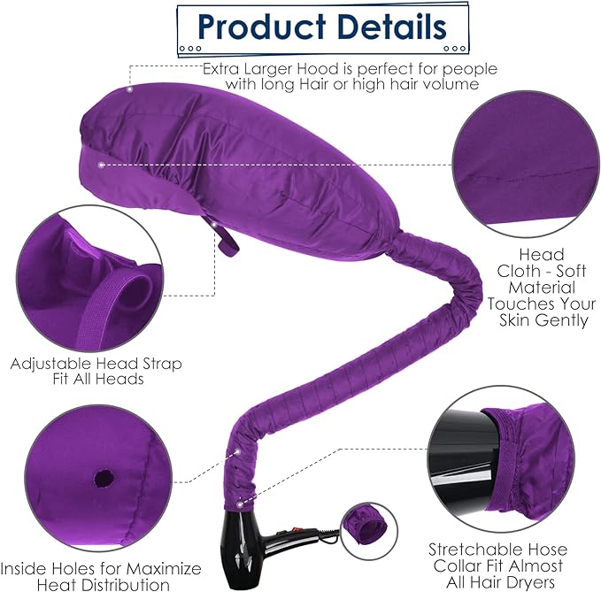 TEPENAR Bonnet Hair Dryer Attachment Upgrade Extra Large Adjustable Soft Hooded Dryer Cap - Easy to Use Natural Curly Texture Dryer Styling Quick Dry - Purple - NewNest Australia