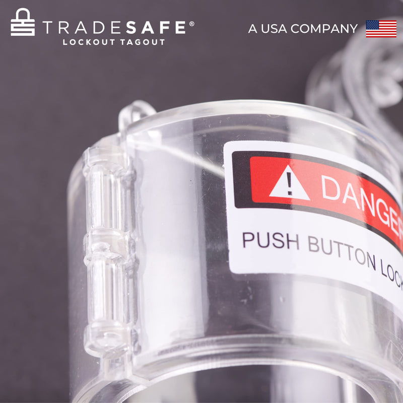 TRADESAFE Emergency Stop Button Cover Lockout - Round Transparent Push Button Switch Cover, 7/8-inch up to 1-1/2 inch Hole Diameter, 3-Piece Push Button Lockout 3 piece set - Round Type