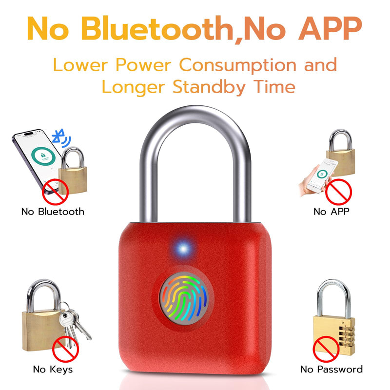Pothunder Fingerprint Padlock, Smart Metal Keyless Fingerprint Lock, Waterproof, USB Rechargeable, for Gym, School, Luggage, Backpack, Suitcase, Red