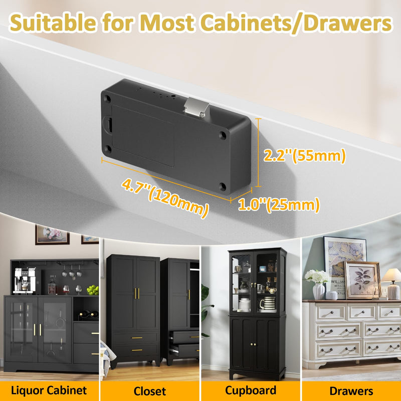 Bestkid Cabinet Lock RFID Card NFC Hidden Drawer Lock for Kitchen Pantry Furniture Smart Cupboard Door with Bluetooth APP Child Safety No Drilling Required Black Hidden Design(1 x 2.2 x 4.7'')-Black