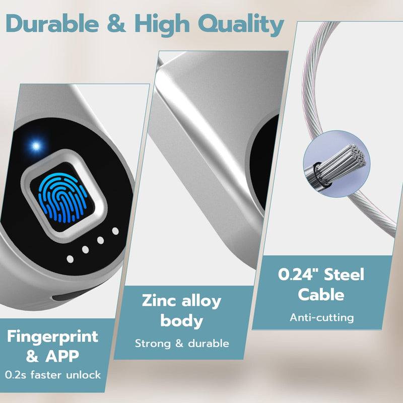 Fingerprint Cable Lock, Fridge Lock with Fingerprint Bluetooth APP Control, Smart Biometric Waterproof Child-Proof Refrigerator Locks for Kids & Adults Fridge French Door Cabinet Gate Silver