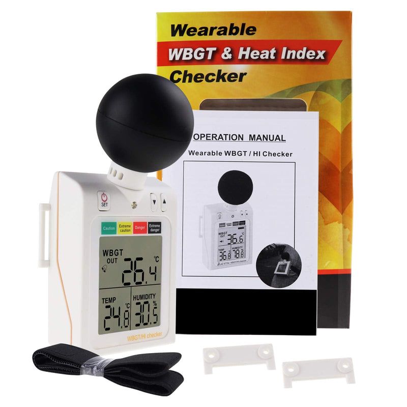 Wet Bulb Thermometer 2-in-1 WBGT + HI Heat Index Checker Heat Stress Meter, Wearable Indoor Outdoor Wet Bulb Globe Thermometer Humidity Tester with Four Level Indicator and Audible Alarm
