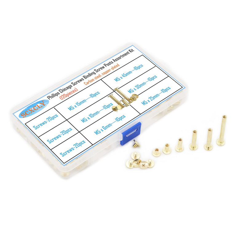 120pcs Chicago Screws Binding Screw Posts Assortment Kit, 6 Sizes(M5 x 6/10/15/25/30/45mm), Carbon Steel Copper-Plated Golden