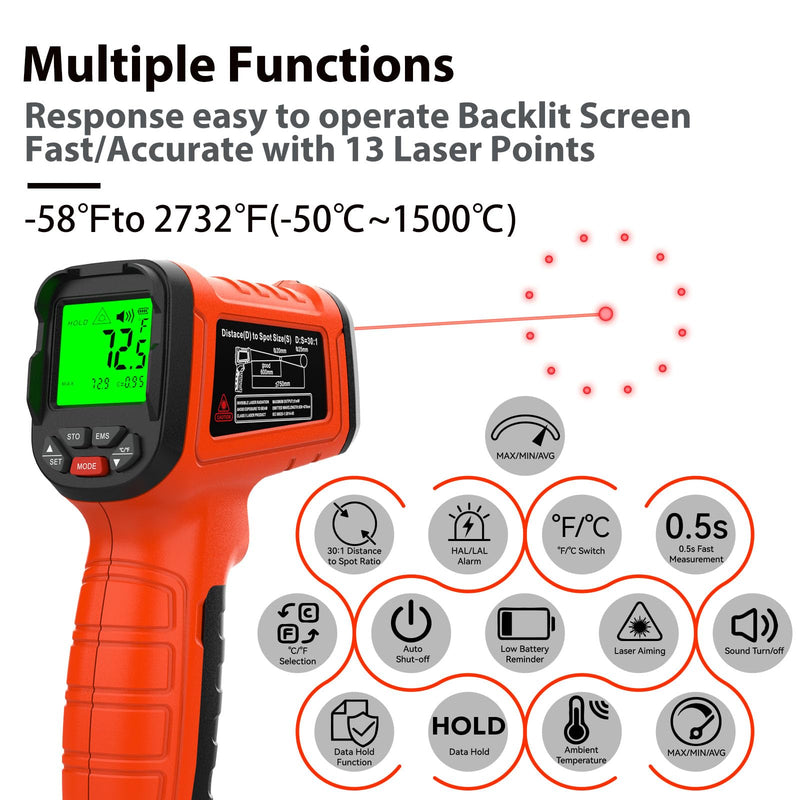 30:1 Infrared Thermometer Gun, -58°F to 2732°F Non-Contact Laser Temperature Gun for Cooking, Pizza Oven, Reptile, Griddle, Digital Heat Gun for HVAC and Industrial Use. Orange