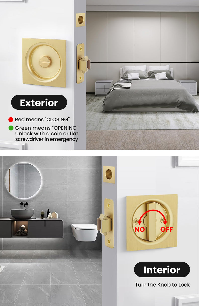 goldenwarm Brushed Gold Pocket Door Lock with Pull, Square Pocket Door Hardware 2-3/8" Backset, Gold Pocket Door Handles 1 Pack 2-3/8” Latch