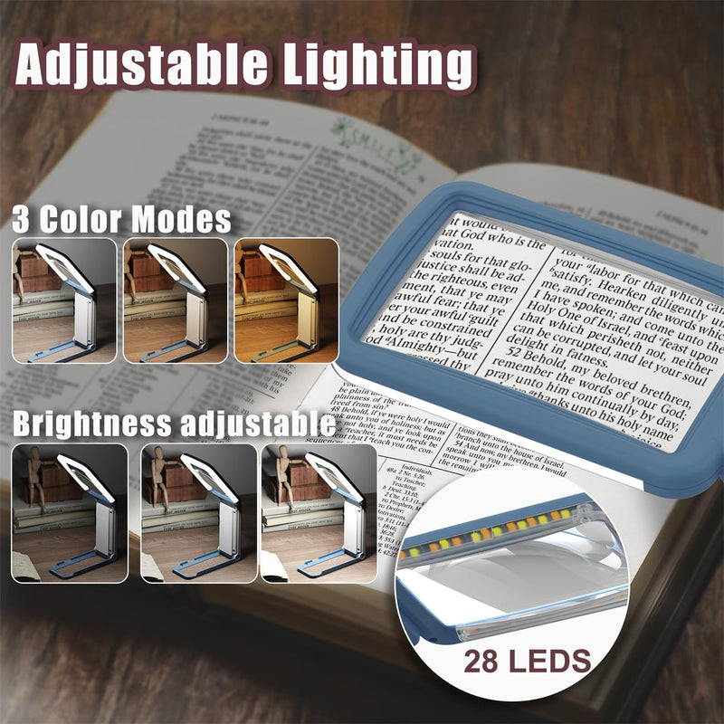 15X Magnifying Glass with Light and Stand, Real Glass Lens, Rechargeable Foldable Handheld Magnifier, 3 Color Modes Dimmable Lighted Page Magnifier for Reading Fine Prints, Seniors - Blue White 15X