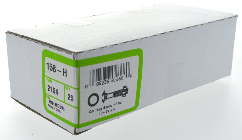 Hillman 2154 Carriage Bolt with Nut (10-24 Coarse Thread x 3/16" Dia. x 4" Length), Zinc