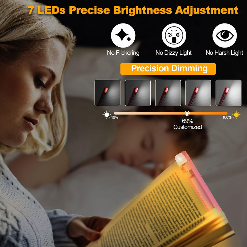 Book Reading Light,Silent Touch Book Lamp for Reading in Bed,Rechargeable Clip on Booklight with 3 Amber Colors & 7 LEDs Precise Dimming for Eye Caring Night Reading,Book Lovers,Kids,Pink Pink