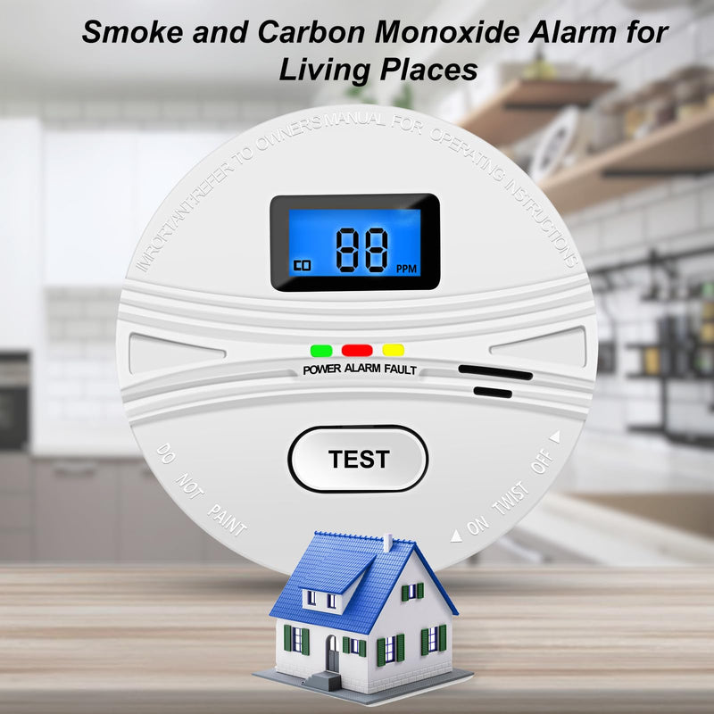 2 Pack Smoke and Carbon Monoxide Detector,Smoke Detector Carbon Monoxide Detector Combo with Batteries,Fire Alarm Smoke Detector with Test Button and Digital Display White-2-Pack