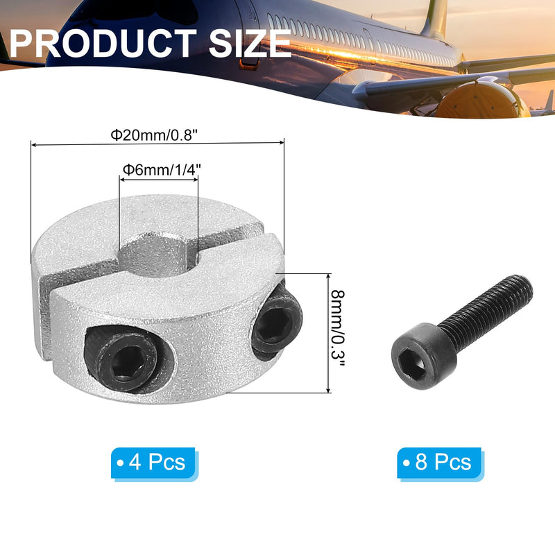 PATIKIL Bore 6mm Double Split Shaft Collar 20mm OD 8mm Thickness, 4 Pack Aluminum Alloy Locking Collar Clamp Style with Set Screw for Machine Tools Industry, Silver 6mm/1/4inch