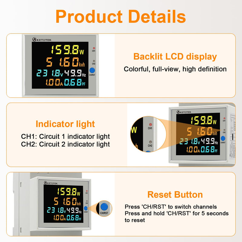 KETOTEK Power Meter Single Phase, 2 Channels, Energy Meter DIN Rail Electricity Usage Monitor with LCD, kWh Meter AC40-300V 100A, Ammeter Voltmeter with Split Core Current Transformer CT 2 Channels, Split Core CT