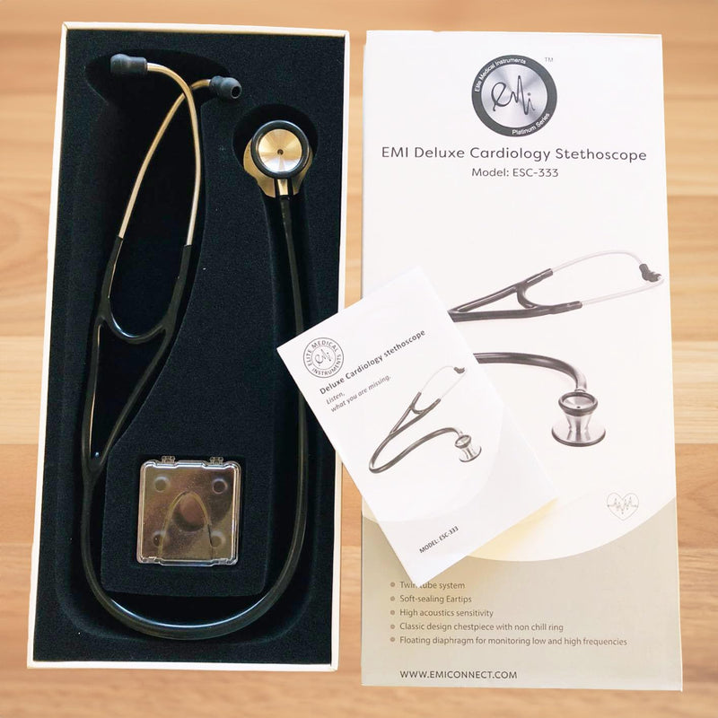EMI Platinum Series Deluxe Black Cardiology Stethoscope - High Acoustic Sensitivity with Pressure-Sensitive Diaphragm ESC-333 - Perfect for Medical Professionals, Doctors, EMTs, Nurses, and Students