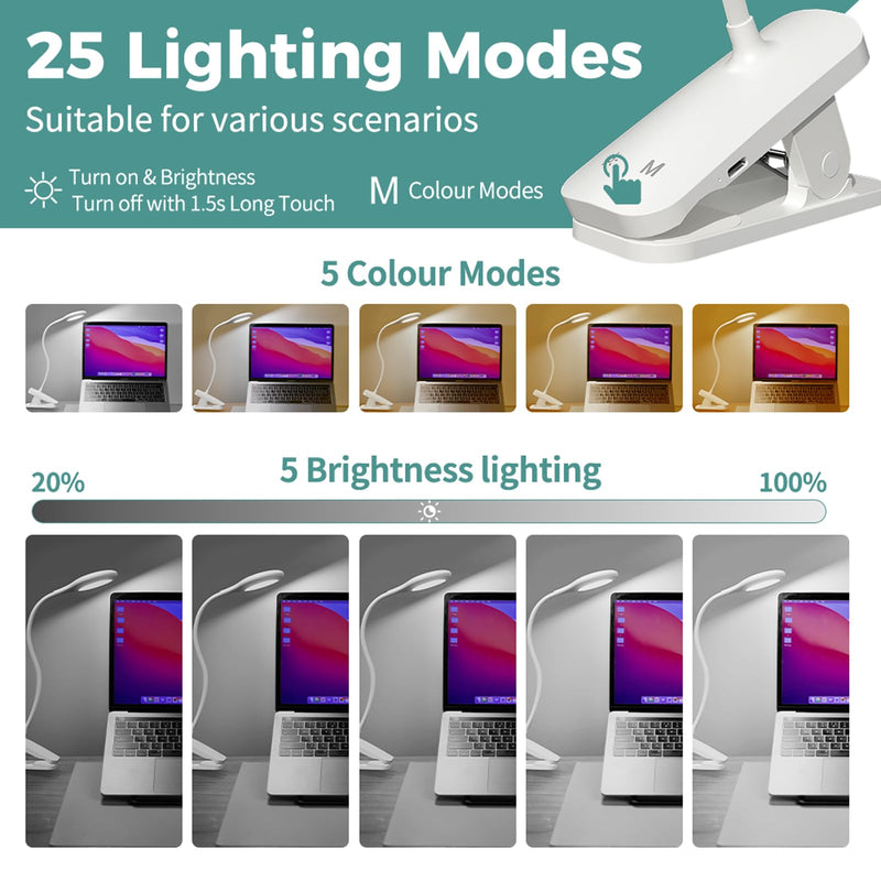 CUHIOY Clip on Reading Light for Bed Headboard, Rechargeable Battery Clamp on Bunk Bed Light, 5 Colors 5 Brightness Flexible Neck Desk Lamp, Eye Protect LED Touch Control Book Lights at Night for Kids 1Pack White