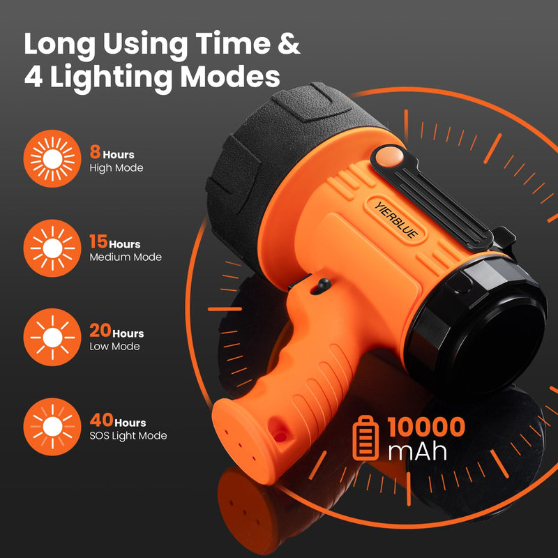 YIERBLUE Rechargeable Spotlight,Handheld Rechargeable Flashlight 200,000 Lumens LED, IP67 Waterproof 12 Hours Running for Boating, Camping, Hunting Orange