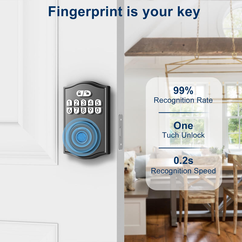 Smart Door Lock - Keyless Entry with Fingerprint/Bluetooth APP Control/Password, Auto Lock, One Time Code, Black