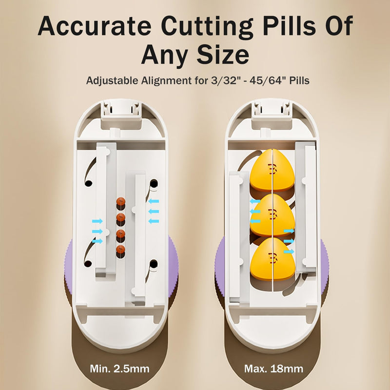 Multiple Pill Cutter - Pill Cutter Splitter for Small Tiny Large Pills Professional | Vertical Press-Down Cutting & Adjustable | Sturdy Blade & Guard | Includes Cleaning Brush (Purple) Purple