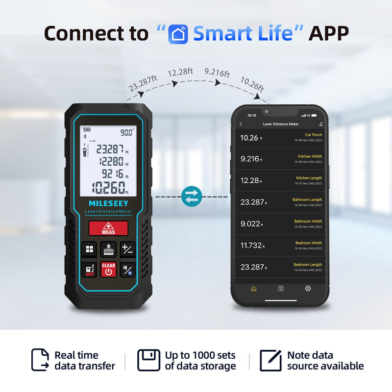MILESEEY Laser Measurement Tool, ±2mm Accuracy Laser Measure with Digital Angle Level, Laser Tape Measure with Phone App, Record Data and Make Your own Sketch Support Hand-Drawn Plan/Draw on Picture 229ft