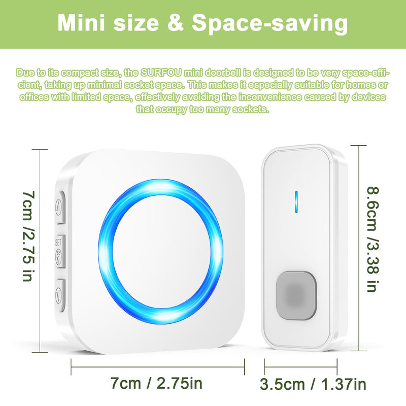 SURFOU Wireless Doorbell,Waterproof Doorbell 2 Push Buttons 2 Plug in Receivers at 1300ft Long Range Door Bell with 55 Chimes 5 Volume Levels Mute Mode LED Flash Wireless Door Bells for Home Classroom 2 transmitters + 2 receivers