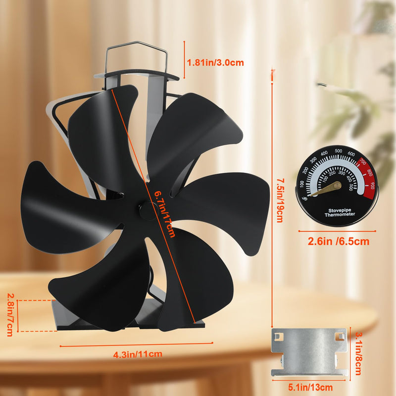 Tomersun Wood Stove Fan Fireplace Fan Heat Powered Stove Fan for Wood Burning/Pellet/Fireplace, with Thermometer Large