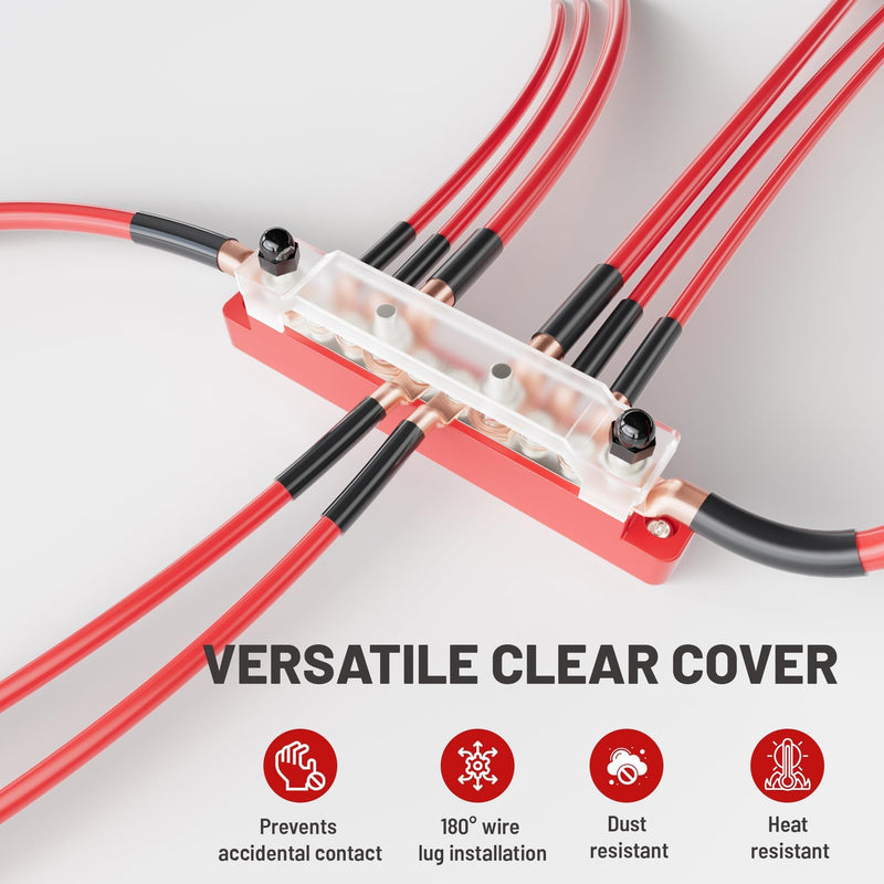 RED WOLF 150A 12V Bus Bar with Cover, 4 x 1/4" (M6) 6 x #8 (M4) Studs Power Distribution Terminal Block 48V DC Car Boat Marine Solar System (Black+Red)