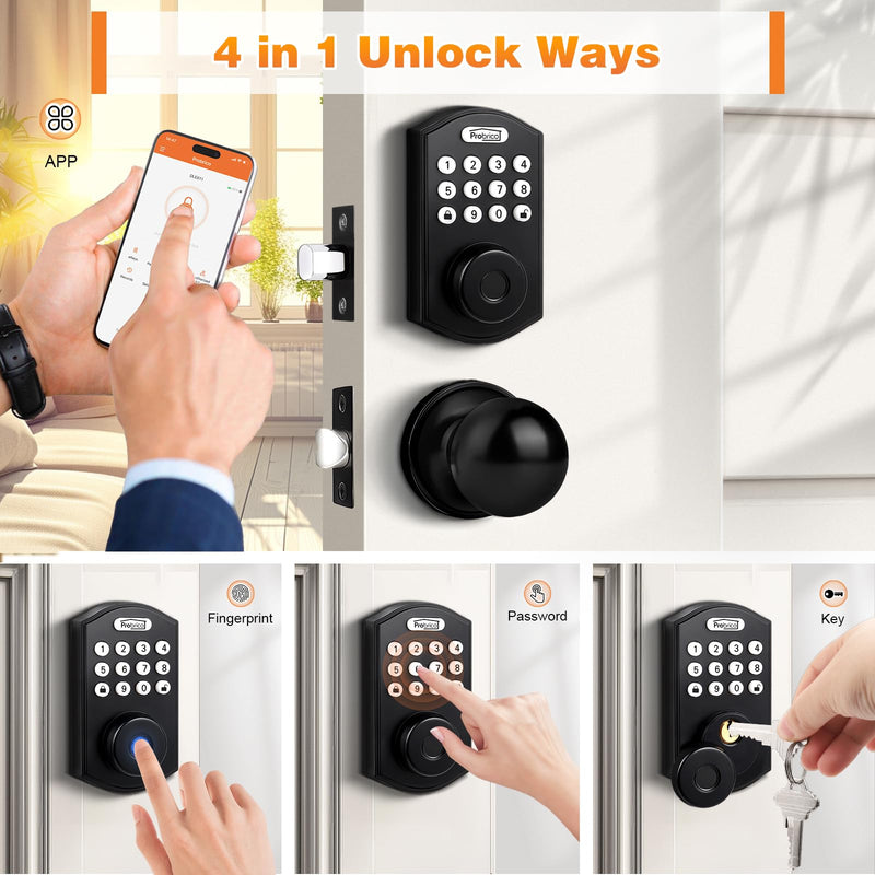 Probrico Smart Fingerprint Door Lock for Front Door,Electronic Keyless Entry Door Lock Deadbolt with Handle Set,Door Knob with Smart Keypad Deadbolt Lock,Auto Lock,App,Black Black