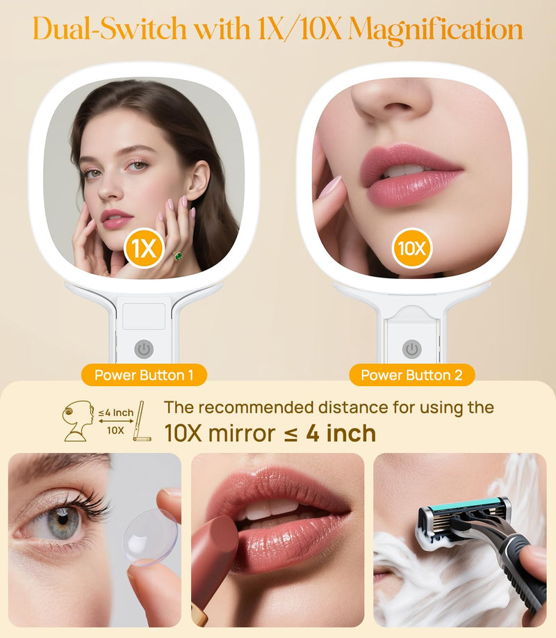 Gospire 6.8" Travel Vanity Mirror, 3-in-1 Hanging/Handheld/Desktop Use with Dual-Side Buttons, 1X/10X Magnification, 3-Color Dimmable LED, Auto Memory + Velvet Pouch (White) White