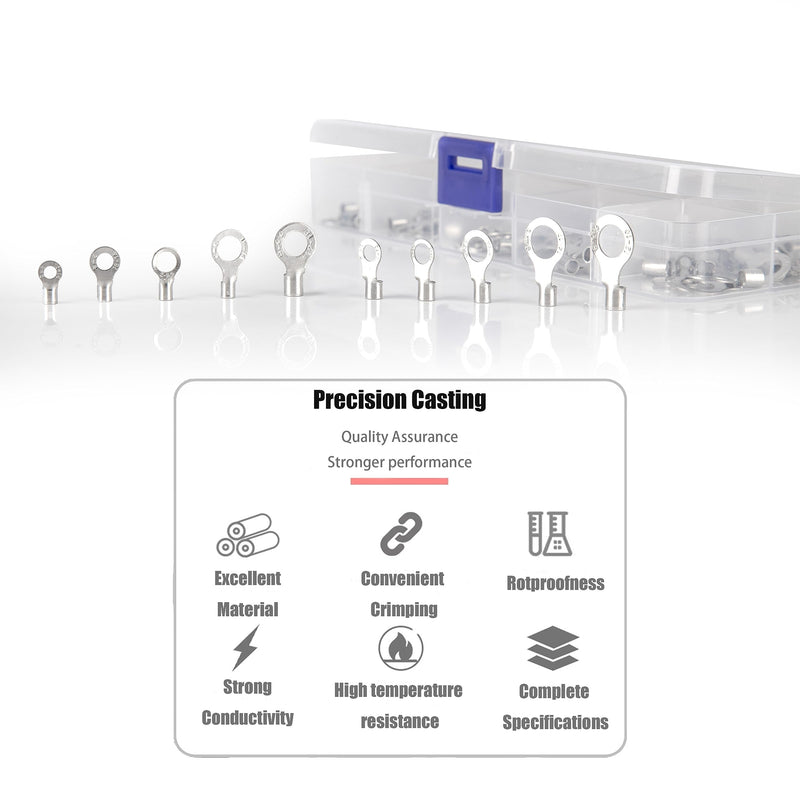 250pcs Non-Insulated Ring Terminals, Copper Ring Connectors Terminals, AWG22-16 16-14 14-12 12-10 Crimp Ring End Terminal, Electric Wire Connectors, Tin-Plated Wire Lugs Battery