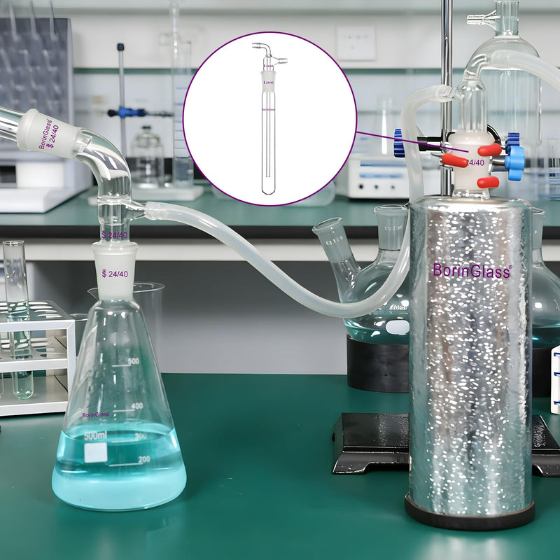 BorinGlass Glass Vacuum Cold Trap Bubbler, 200 mm Length Beneath The 24/40 Joint, with 10 mm Serrated Hose