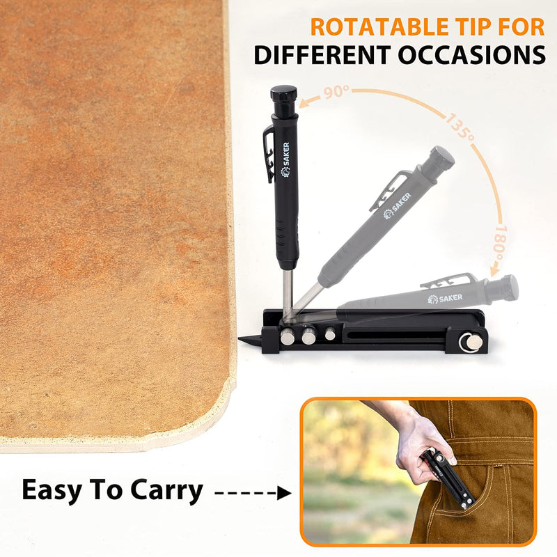 Saker Multi-function Scribing Tool- Construction Pencil- Aluminum Alloy Scribe Tool with Deep Hole Pencil,DIY Woodworking Scribe Gauge Scriber Line Maker Measuring Tool,Multifunctional Tools Black