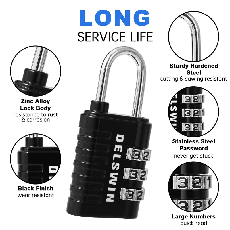 DELSWIN Combination Lock 3-Digit Small Padlock - 4Pcs Resettable Combo Lock for School Gym Locker, Outdoor, Fence, Gate, Waterproof Luggage Locks for Travel Backpack Charcoal Black 4 Pieces