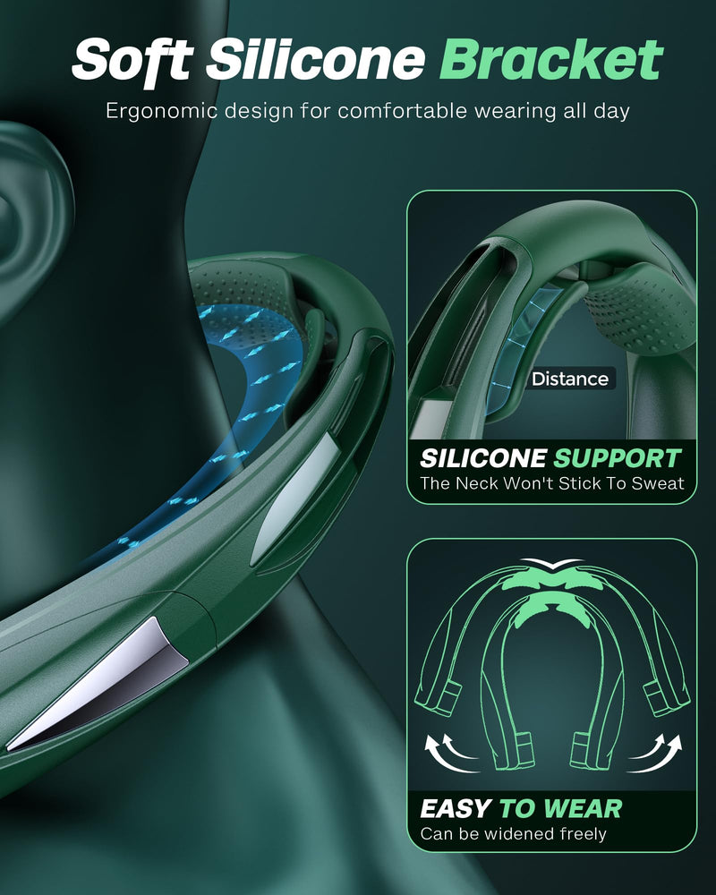 Portable Neck Fan - with LED Book Light, 6-20 Hrs Long Battery, 6-Speed Adjustable, USB-C Rechargeable, Ultra Quiet, Hands-Free Personal Cooling for Men Women Outdoor Indoor Green