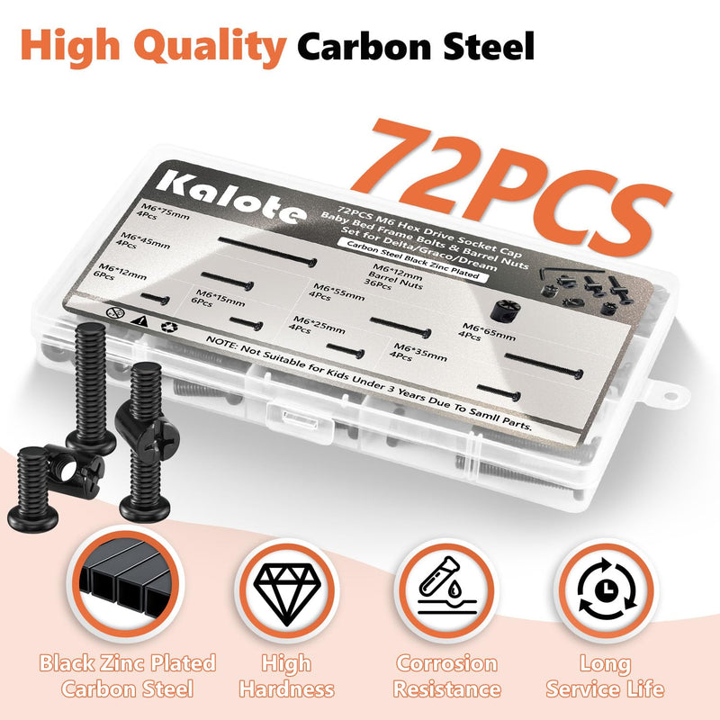 72PCS Crib Screws Hardware Replacement Kit, Baby Bed Frame Bolts & Barrel Nuts Set for Delta/Graco/Dream, Hex Drive Socket Cap Screws Barrel Nuts Set (M6*12mm/15mm/25mm/35mm/45mm/55mm/65mm/75mm) 72PCS Black