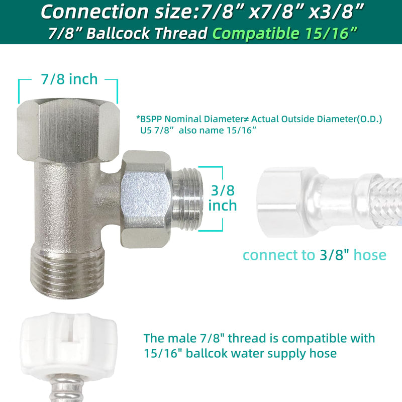 Bidet T Adapter, Metal T-Valve for Bidet (7/8"x 1/2"x 7/8") and (7/8"x 3/8"x 7/8"), 3 Way T-Comnector Bidet Attachment for Toilet Include Washer