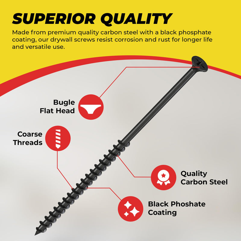 Qualihome #10 Coarse Thread Sharp Point Drywall Screw with Phillips Drive #2 Bugle Head, 1 Lb/Pound, Black, Ideal Screw for Drywall Sheetrock, Wood and More (4-1/2 Inch) 4-1/2 Inch